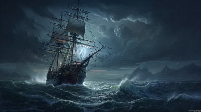 Oil painting with a tall ship in a stormy sea.