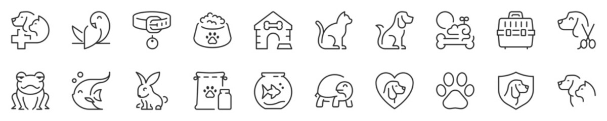Pets and veterinary thin line icon set. Symbol collection in transparent background. Editable vector stroke. 512x512 Pixel Perfect.