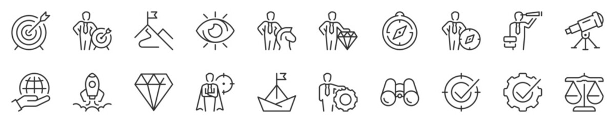 Mission, vision and values. Business concepts thin line icon set. Symbol collection in transparent background. Editable vector stroke. 512x512 Pixel Perfect. © Artco