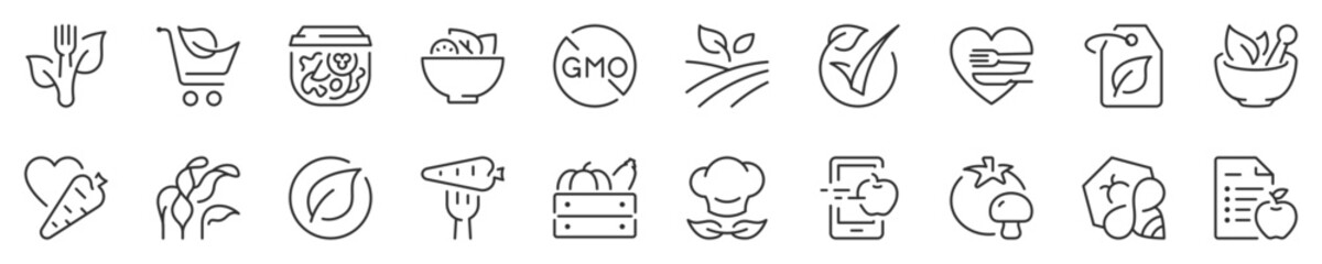 Healthy, organic food and diet thin line icon set. Symbol collection in transparent background. Editable vector stroke. 512x512 Pixel Perfect.