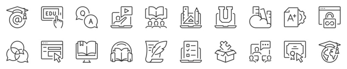 E-learning and online education thin line icon set. Symbol collection in transparent background. Editable vector stroke. 512x512 Pixel Perfect.