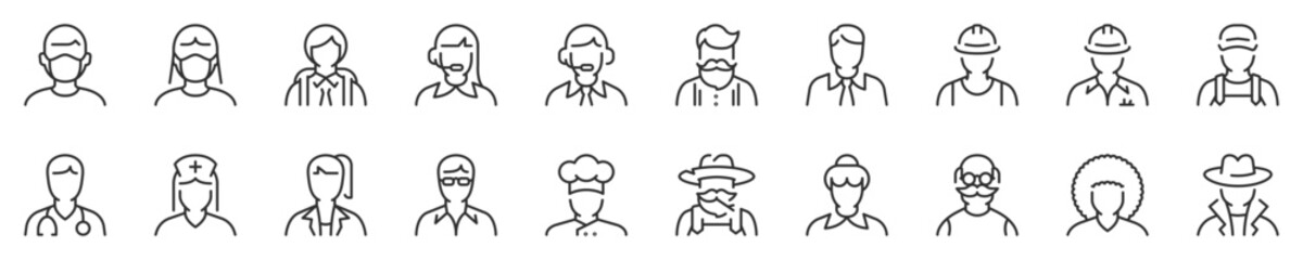 User interface and professions avatars thin line icon set. Symbol collection in transparent background. Editable vector stroke. 512x512 Pixel Perfect.