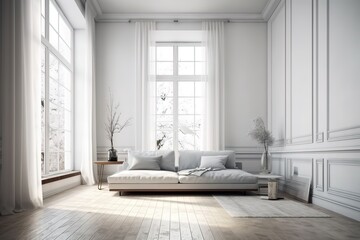 White minimalist living room interior with sofa on a wooden floor, decor on a large wall, white landscape in window. Home nordic interior. Generative AI