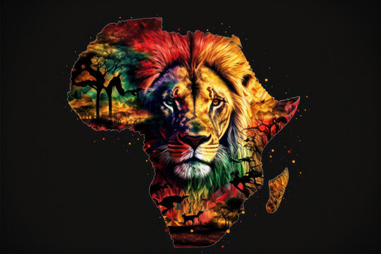 Silhouette of the African continent with a lion created with generative AI technology