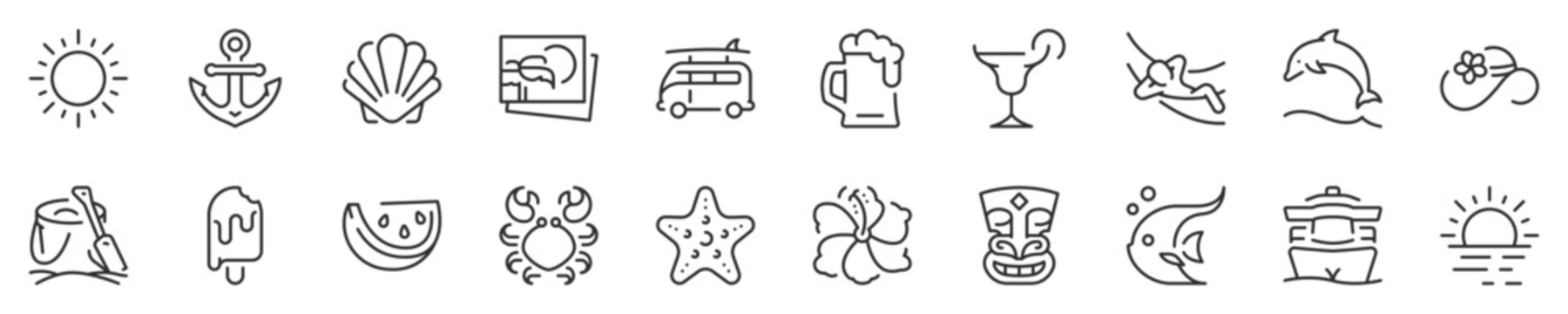Beach activities and summer thin line icon set. Symbol collection in transparent background. Editable vector stroke. 512x512 Pixel Perfect.