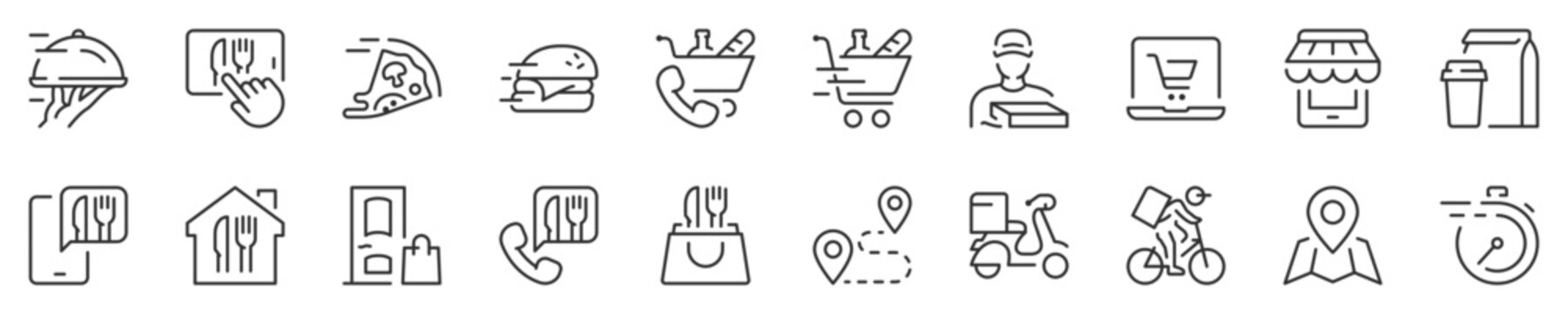 Food delivery thin line icon set. Symbol collection in transparent background. Editable vector stroke. 512x512 Pixel Perfect.