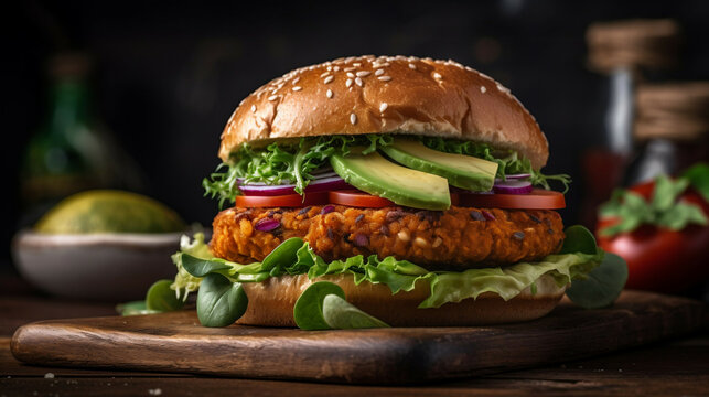 juicy vegan Burger on a table new quality stock image food illustration desktop wallpaper design, Generative AI