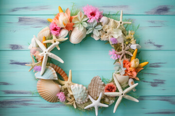 Summer wreath with starfish, shells and flowers on turquoise wooden surface. AI generative.