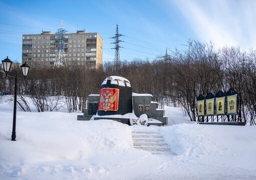 Monument to sailors and submariners who died in peacetime (the cabin of the nuclear submarine "Kursk"). Murmansk. Russia March 2023