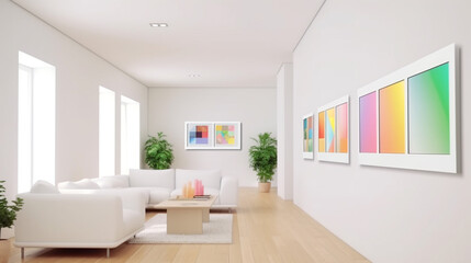 Fototapeta na wymiar Minimalist modern living room with white sofa, wooden table and wooden floor, minimalist interior concept. Generative AI