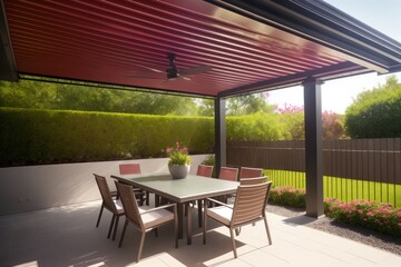 Fototapeta premium Modern patio furniture include a pergola shade structure, an awning, a patio roof, a dining table, seats. Generative AI