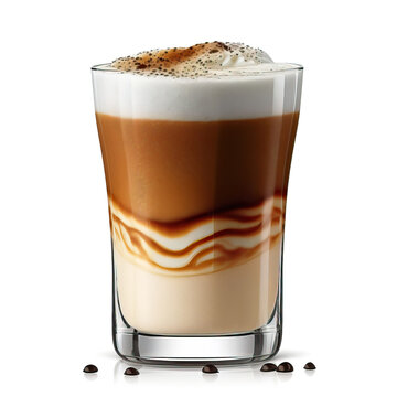 Glass of tasty latte with nuts on beige background .generative AI 