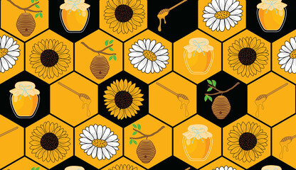Raster illustration. Honey bee themed pattern with honey jar, honey comb, dipper, hive on a branch of tree, sunflower and daisy seamless repeat pattern. Best for wallpapers. 