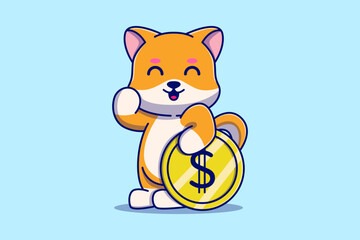Cute Shiba Inu Dog with Gold Coins Vector