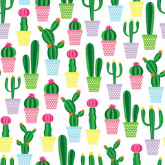 Raster illustration. Colorful potted cacti  seamless repeat pattern. Best for kids clothing, nursery décor and wallpaper.