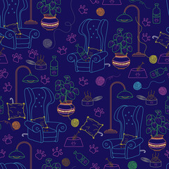 Raster illustration. Colorful outlined caturday seamless repeat pattern.  Best for kids clothing and nursery décor.