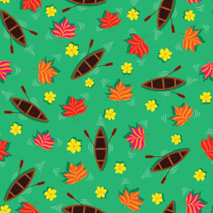 Raster illustration. Vibrant fall pattern with boats, flowers and leaves seamless repeat pattern. Best for kids bedding, wallpaper and clothing.