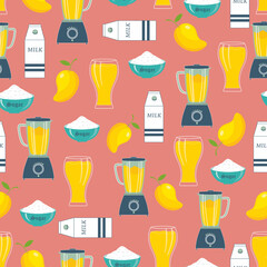 Raster illustration. Mango brunch with milk, sugar bowl, mango shake glass and  blender  seamless repeat pattern. Best for wallpaper and packaging.