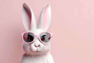 Cute bunny with sunglasses on pink background with copy space. Generative AI