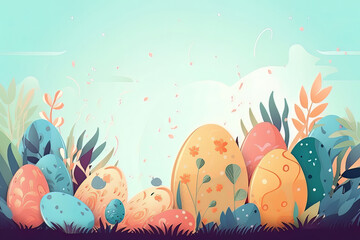 Obraz na płótnie Canvas Easter background with colorful easter eggs on blue background with blank space for text. Generative AI