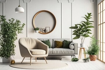 Modern living room with sofa, white wall background and gray furniture. Armchair, table with green plant in pot, round carpet on floor Generative AI