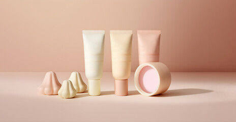 Fototapeta na wymiar Cream, soap and makeup packaging. Beauty products with a minimalist beige background. Generative Ai