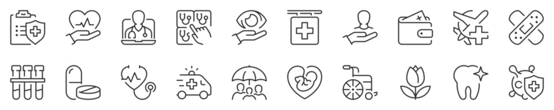 Health insurance coverage thin line icon set. Symbol collection in transparent background. Editable vector stroke. 512x512 Pixel Perfect.
