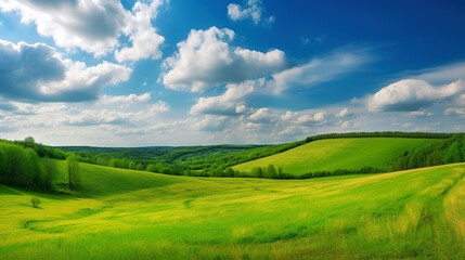 Fototapeta premium Green lush fresh spring landscape background wallpaper background illustration design with hills, blue sky, clouds. AI generated illustration.
