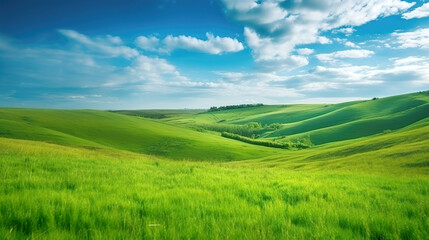 Fototapeta premium Green lush fresh spring landscape background wallpaper background illustration design with hills, blue sky, clouds. AI generated illustration.