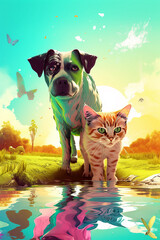 A quirky illustration of a cat and a dog enjoying the outdoors in spring. Generative AI.