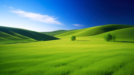 Obraz premium Green lush fresh spring landscape background wallpaper background illustration design with hills, blue sky, clouds. AI generated illustration.