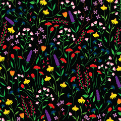 Raster illustration.  Colorful ditsy wild flowers seamless repeat pattern.