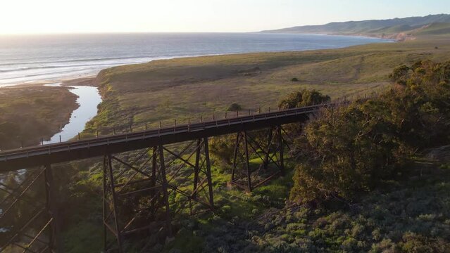 2023 - Excellent aerial footage of Jalama Beach, California includes a railroad bridge.