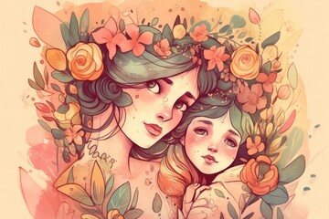 peach pink mother's day card. A young mother hugs her daughter. concept of a diverse family. generative AI
