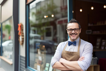Obraz premium A small business owner wearing an apron stood outside their shop. Generative ai