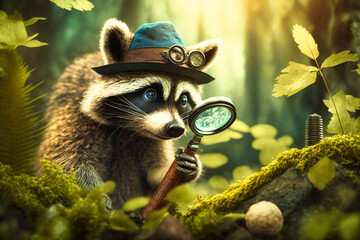 A curious raccoon dons a detective hat and magnifying glass, adding intrigue and humor to a playful animal background - obrazy, fototapety, plakaty