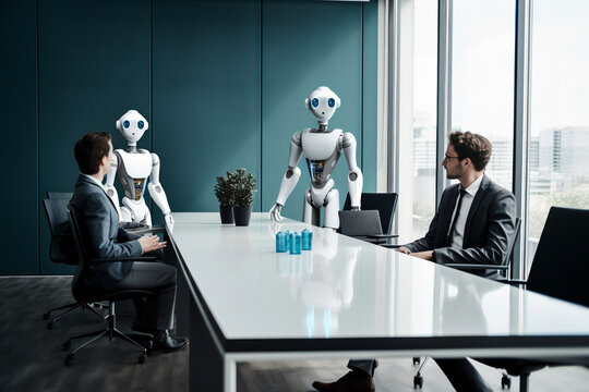Robots in a meeting, future world, robots working, robotics, working with robots, meeting with robots, generative ai
