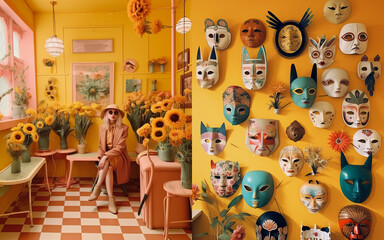Beautiful yellow interior with flowers and masks on a walls, collection