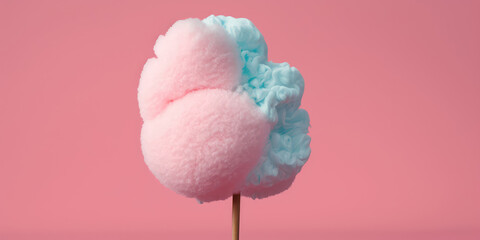 Stick with yummy cotton candy isolated on flat lay pastel pink background. Sweet sugar cotton candy pink-blue color. Copy space for text, banner template. Generative AI art.