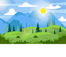 Obraz premium Mountain landscape with green hills, natural valley. Vector picturesque place background, green fir trees and rocks. Snowy mounts, scenic hills, spring or summer nature, blue sky