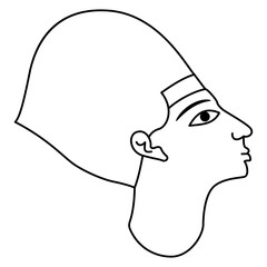 Profile head of ancient Egyptian pharaoh wearing royal crown. Black and white linear silhouette.