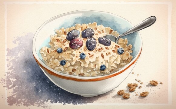 Drawn muesli or oatmeal watercolor breakfast cereal illustrations Generative AI