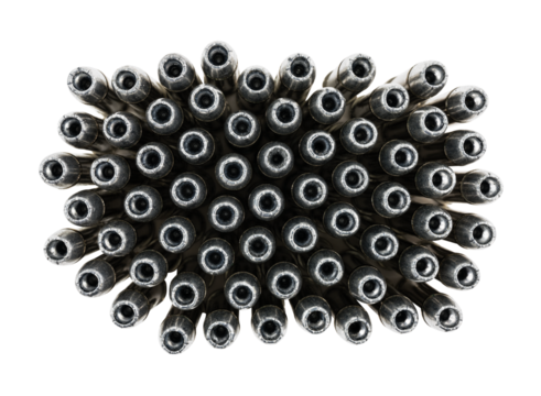 Macro wide angle view of 38 caliber hollow point bullets with cut out background. 