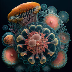 jelly fish fantasy of beautiful pink and coral colors on the bottom of the sea made with generative AI