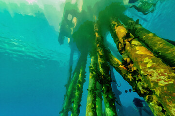 Digitally created watercolor painting of an maritime pier from a SCUBA divers perspective