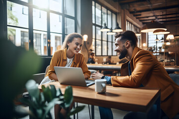 Colleagues working together. Two happy businesspeople smiling happily while having a discussion. Two young entrepreneurs using a laptop in a modern co-working space. Generative Ai.