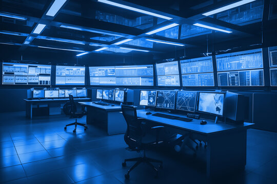 Empty interior of big modern security system control room, workstation with multiple displays, monitoring room with at security data center Empty office, desk, and chairs. Generative Ai.