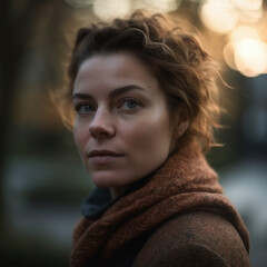 Fototapeta premium Natural, real person portrait and closeup of a woman, girl or female outside in nature or a forest. Artistic, edgy and cute or pretty face - AI generated