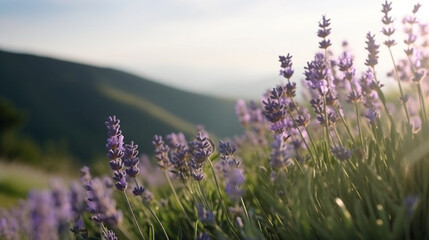 Panoramic view of blooming lavender flowers on nature field in summer, natural flowers background, purple lavender panoramic view. Generative AI
