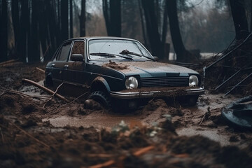 Obraz na płótnie Canvas car in the forest after a natural disaster, created with generative ai